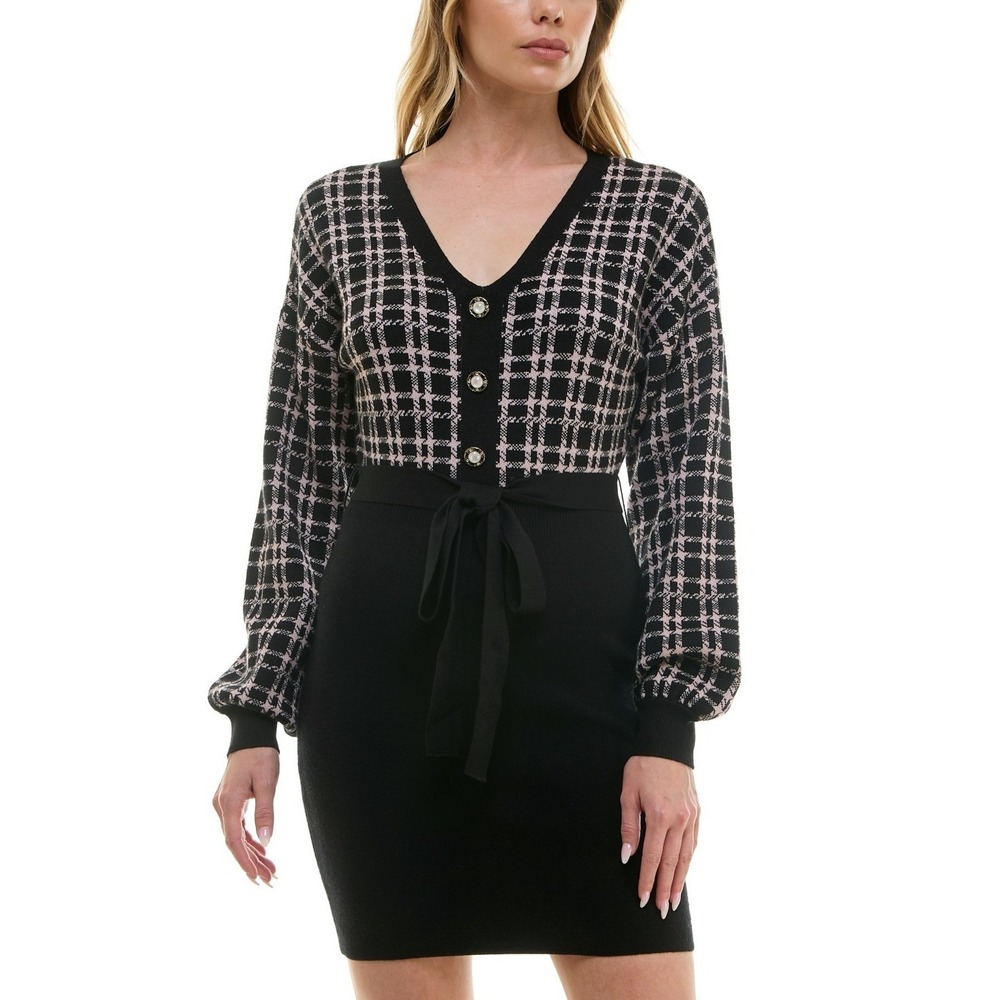 New BCX Juniors' V-Neck Long-Sleeve Tie-Waist Sweater Dress Black Beige Size XL